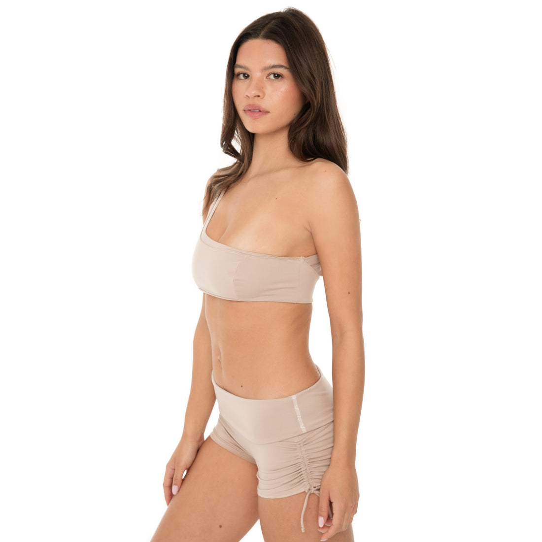 Nude Minik Short shown from side angle highlighting ruched adjustable tie detail **nude