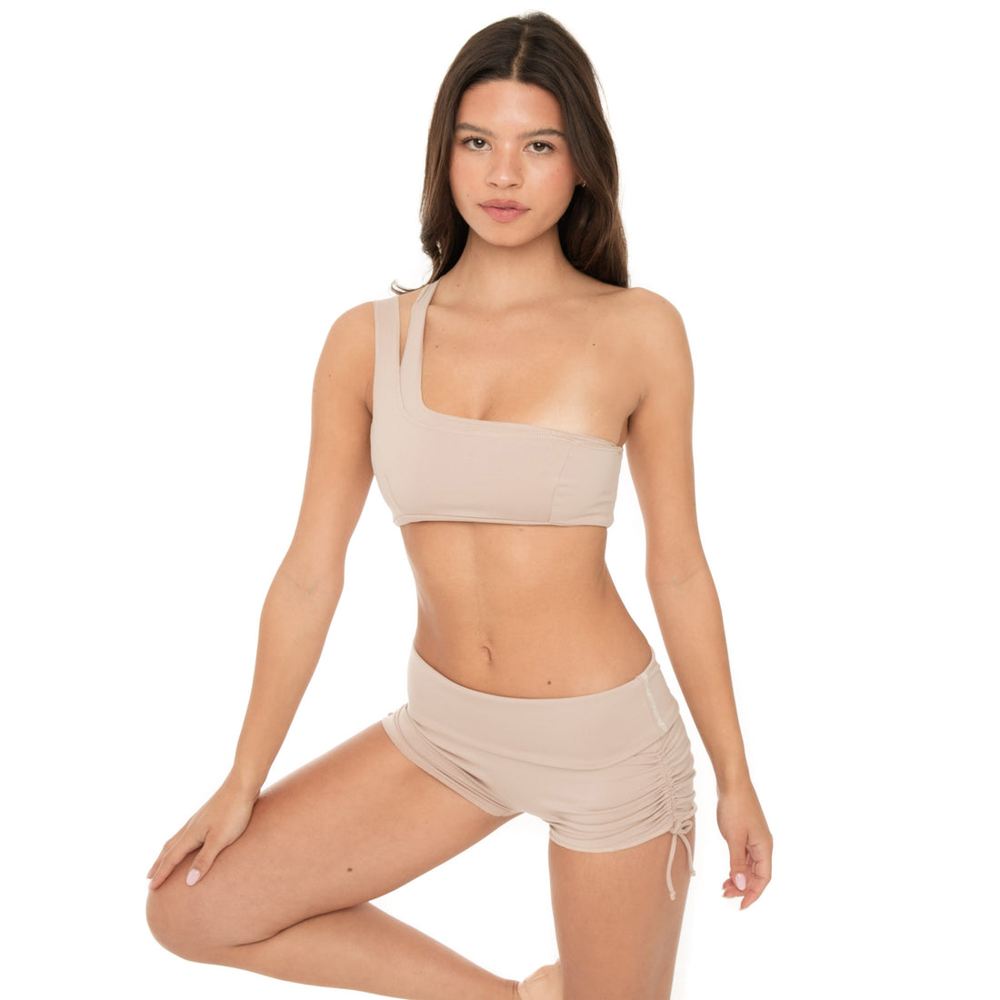 Front view of Minik Short in nude styled with asymmetrical top **nude