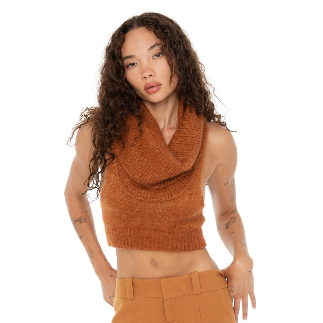 Close-up of Ponette Top in sienna, featuring ribbed cowl neckline and soft mohair-silk knit. **sienna