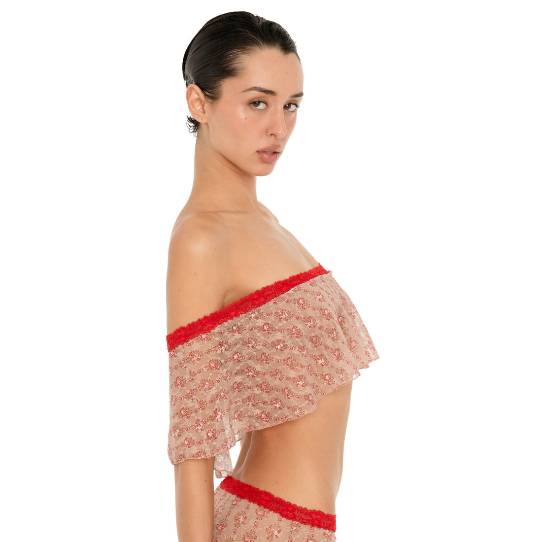 Side view of the Liulu Floral Top in Cherry Blossom, featuring a sheer floral lace ruffle and red lace neckline **cherry blossom