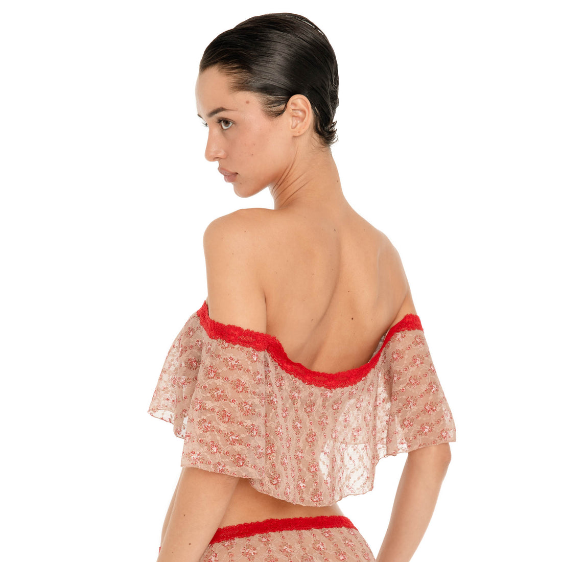 Back view of the Liulu Floral Top in Cherry Blossom, showing the off shoulder neckline and sheer ruffled lace **cherry blossom