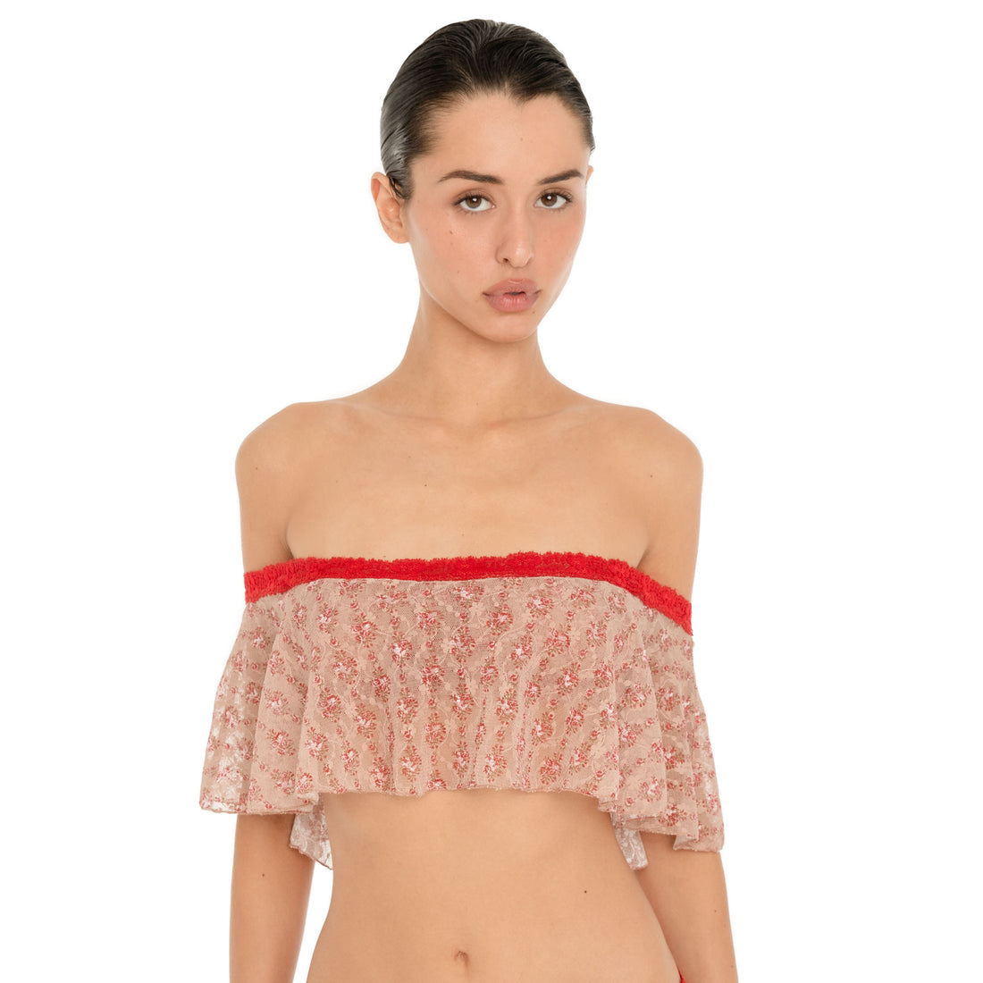 Front close up of the Liulu Floral Top in Cherry Blossom, a cropped off shoulder top with a sheer floral lace ruffle and red trim **cherry blossom