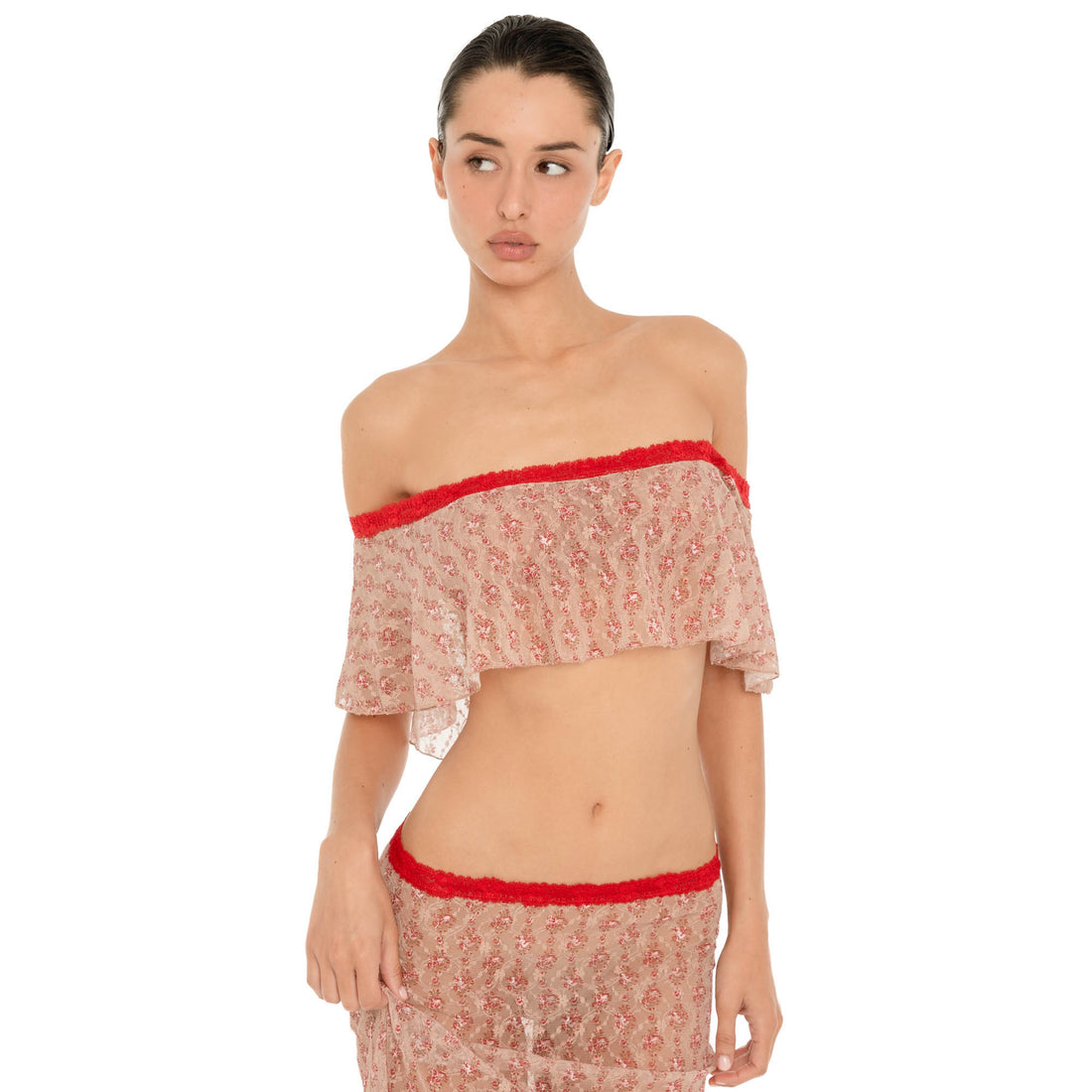 Liulu Floral Top in Cherry Blossom styled with the matching floral skirt, showing its cropped ruffle silhouette **cherry blossom