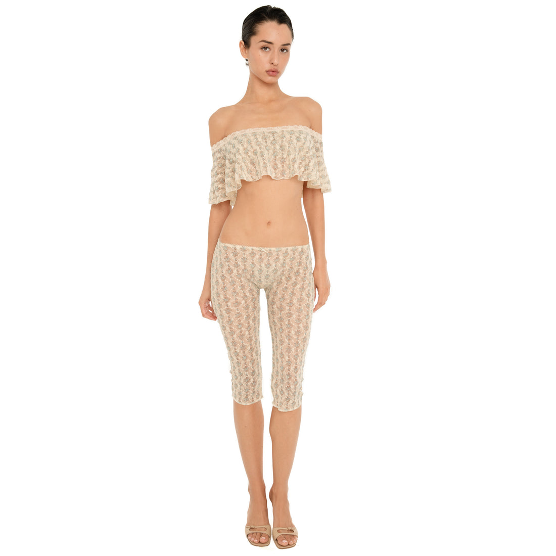 Liulu Floral Top in Sky Blossom, an off shoulder sheer floral lace crop top with ivory lace trim, styled with matching capri pants **sky blossom