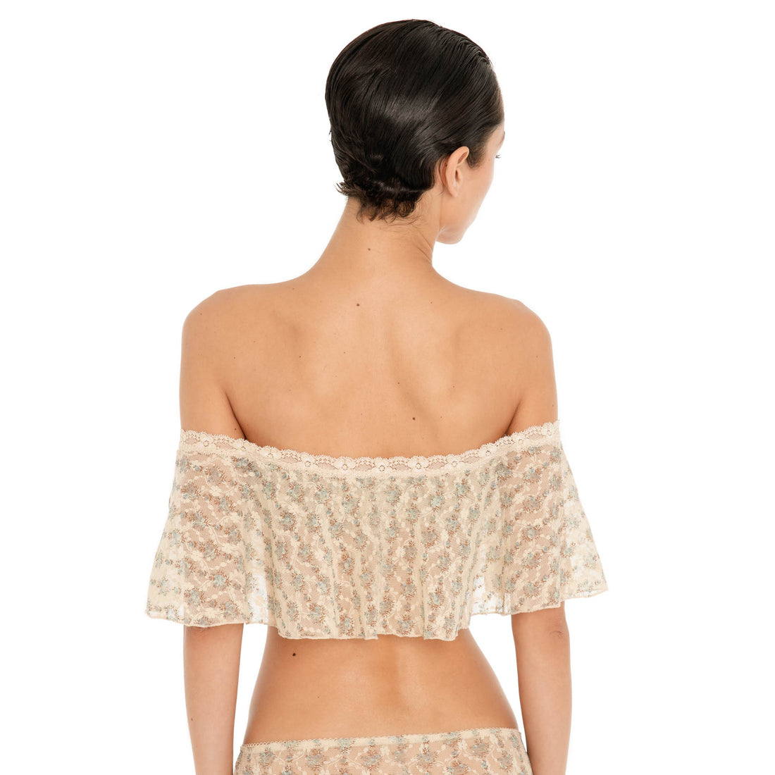 Back view of the Liulu Floral Top in Sky Blossom, featuring a wide sheer floral lace ruffle across the shoulders **sky blossom