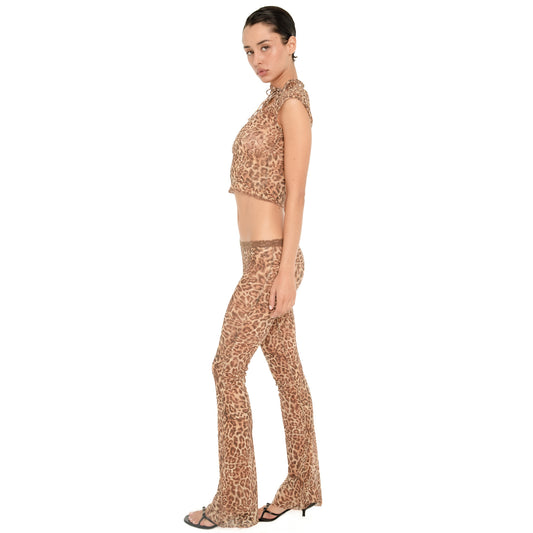 Side view of the Liani Pant in Leopard, showing the low rise fit, fitted leg and subtle flare at the hem.