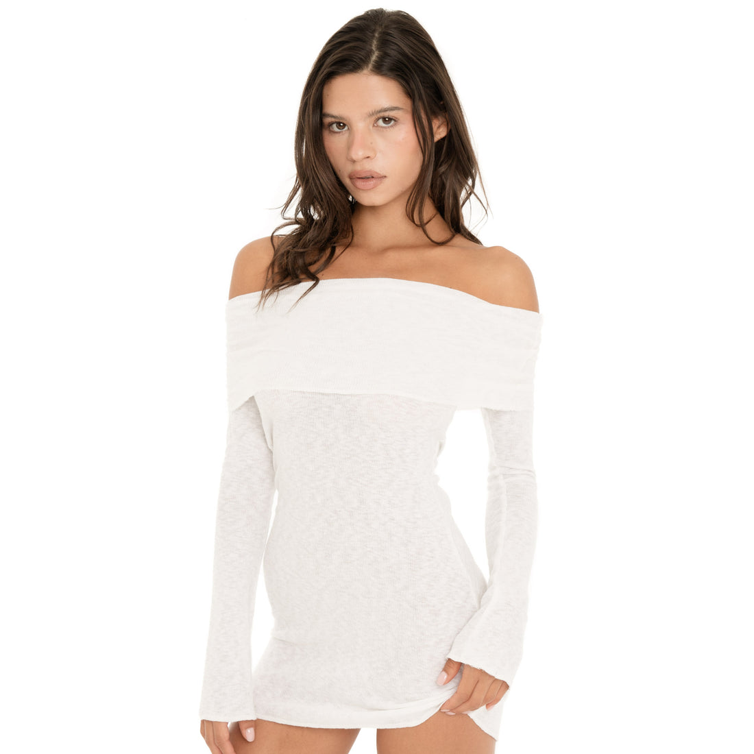 Front close up of the Kina Dress in white showing the sheer knit texture, off the shoulder neckline and long fitted sleeves **white