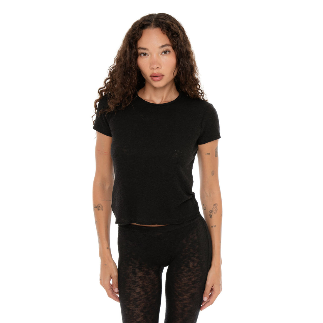 Model styling Are You Am I Kimi Tee in black, casual fitted stretch t-shirt. **black