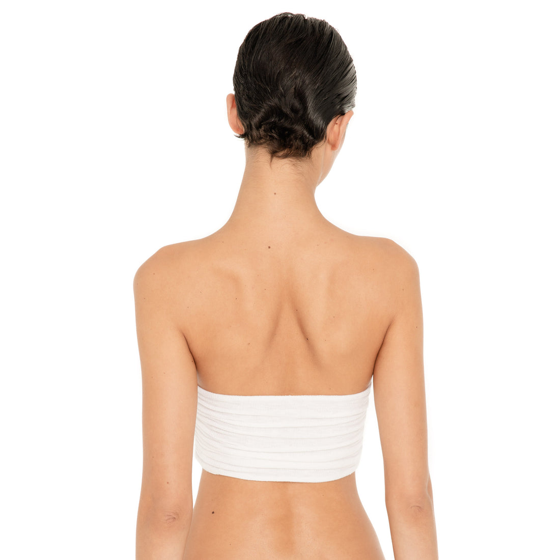 Back view of the Meili Bandeau in White, showing the straight strapless back and horizontal ruching. **white