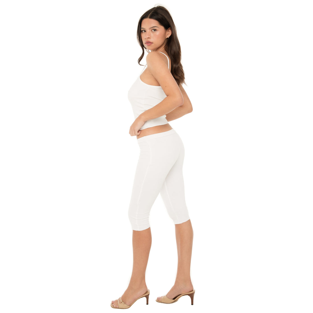 Back angle of Miia Capri in white showing smooth fit and clean minimal design**white