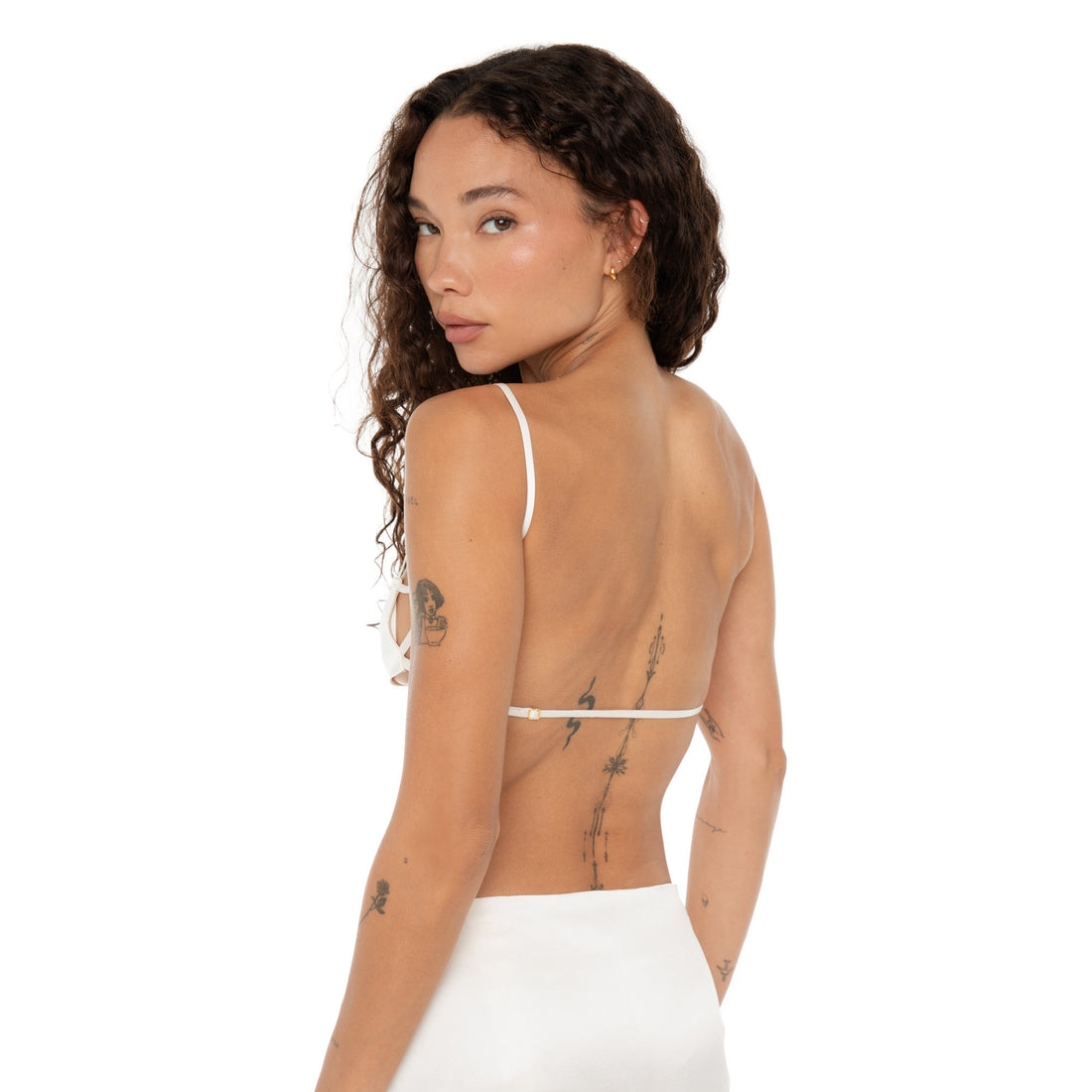 Back view of Missi Bra in white silk charmeuse showing thin adjustable strap. **white
