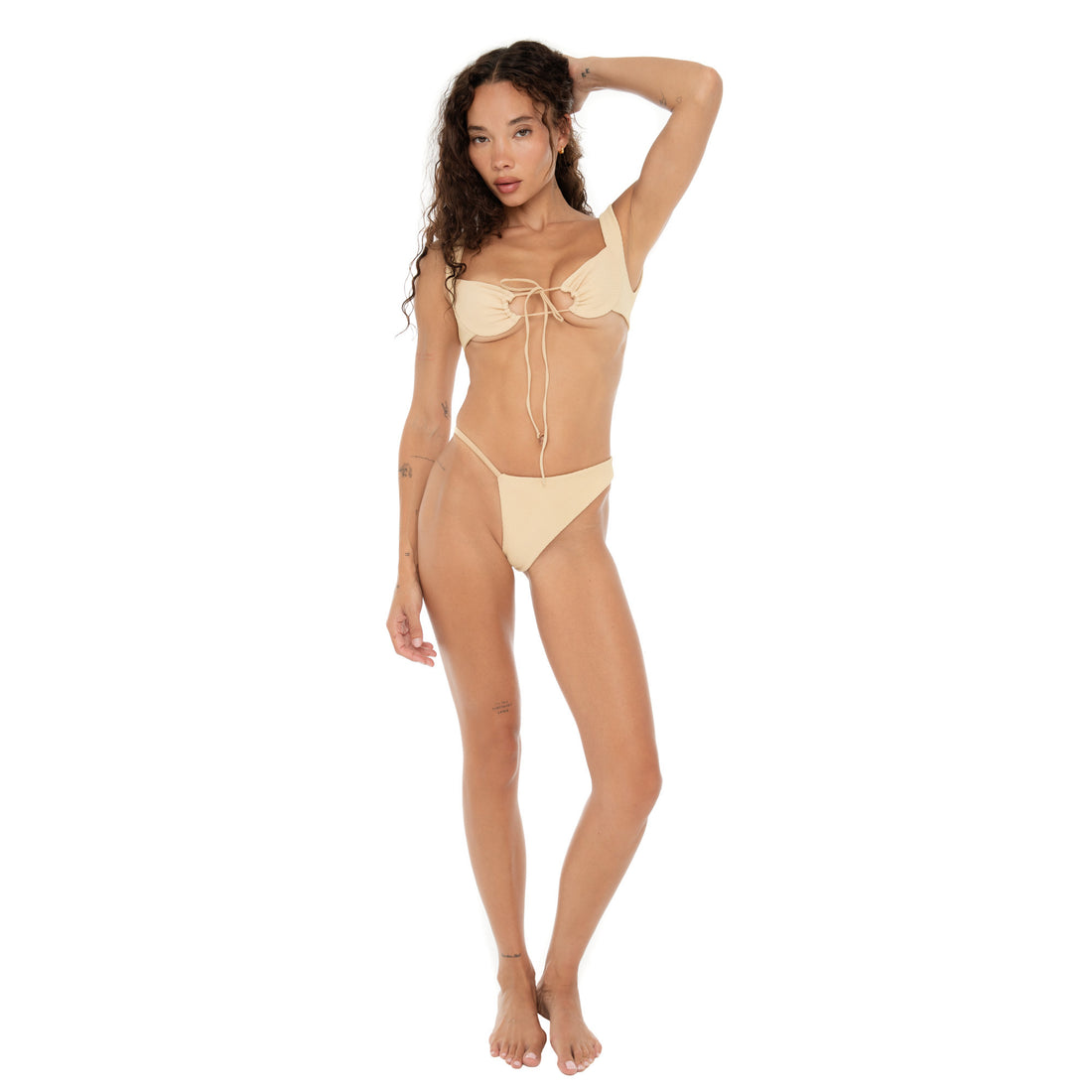 Are You Am I Nou Swim Top in Latte – front view, tie-front bikini top with ruched detail and wide straps in soft swim fabric **latte
