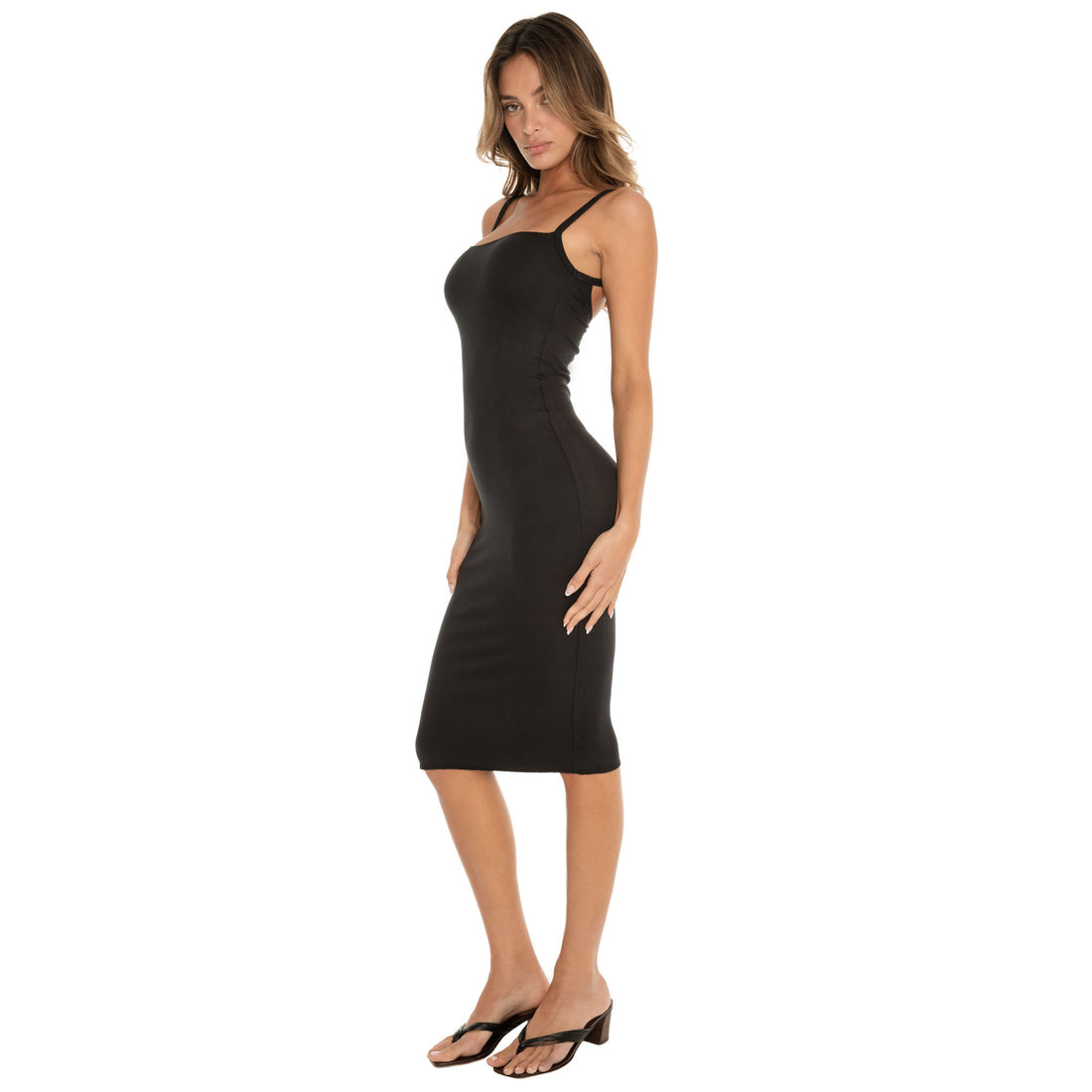 Black midi dress with thin straps and square neckline, three-quarter view emphasizing sleek silhouette **black