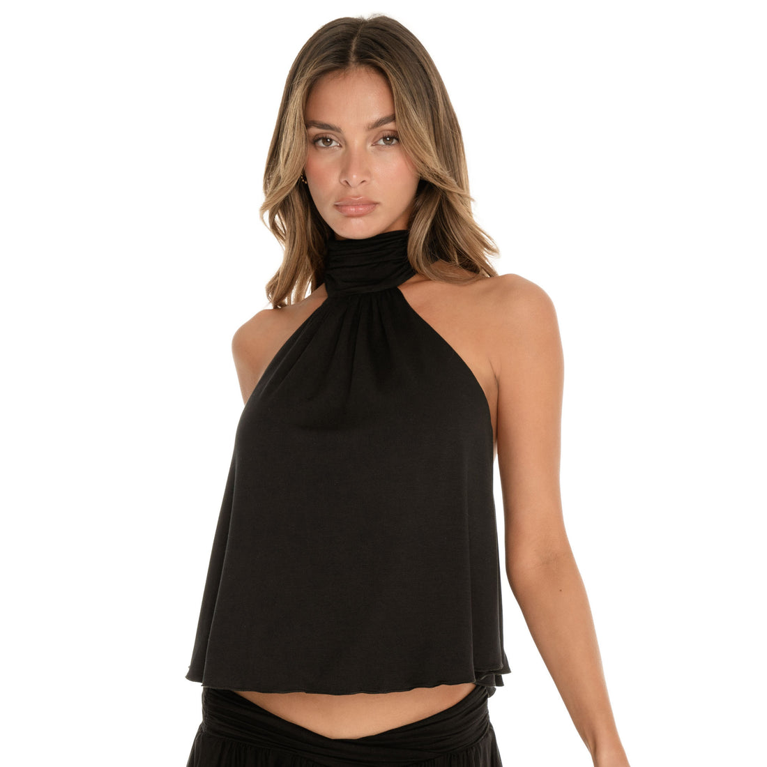 Front-facing portrait of black halter neck top highlighting clean neckline and fluid fit **black