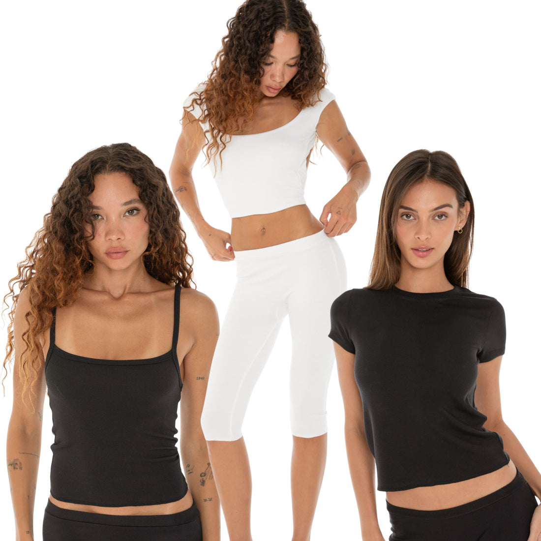 Are You Am I - Miia Multipack. Two models wearing the Miia Capsule in black and white — Miia Tank, Miia Capri, and Miia Tee.