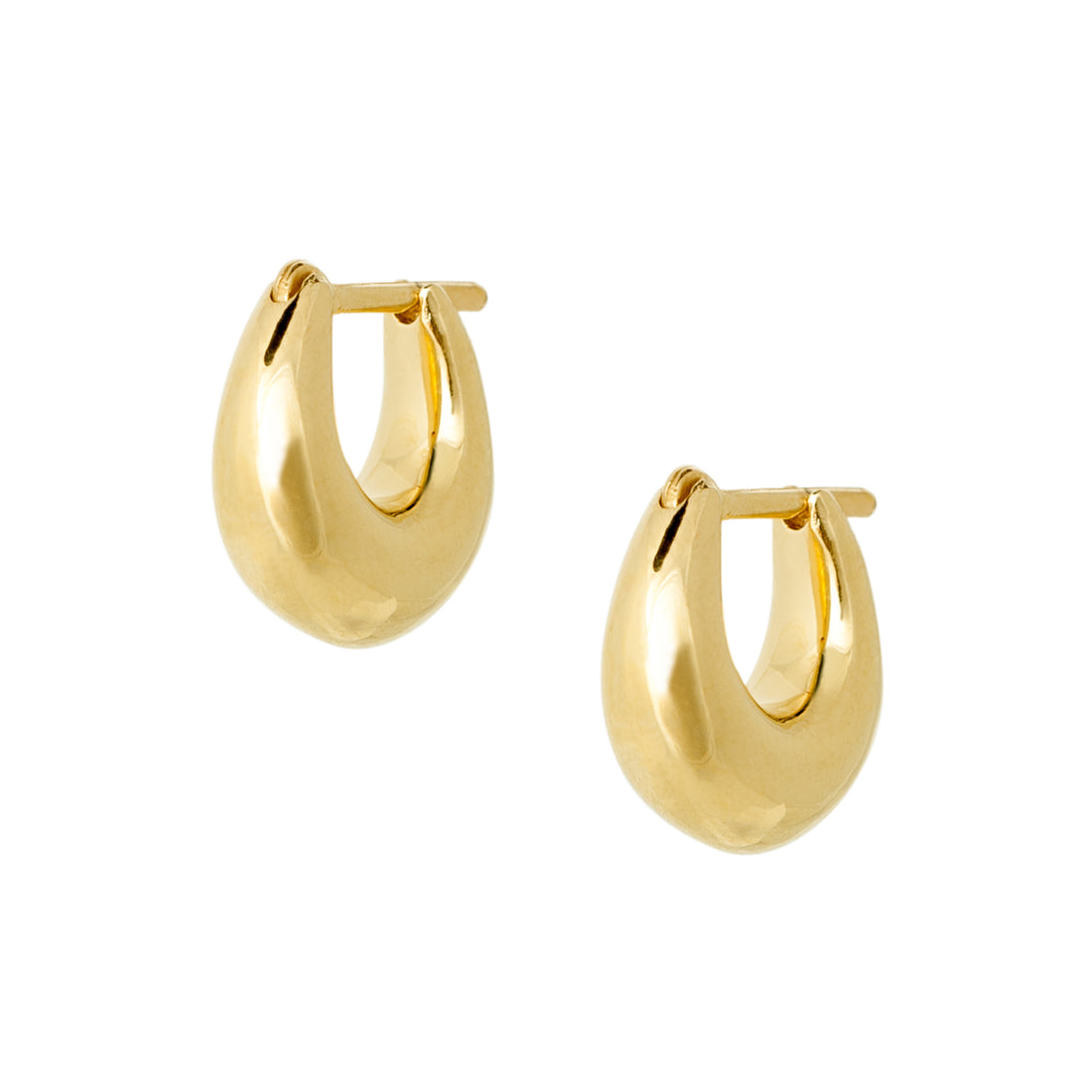 Close-up of a pair of gold-toned, chunky teardrop-shaped Fala Hoop earrings with a polished finish – gold.