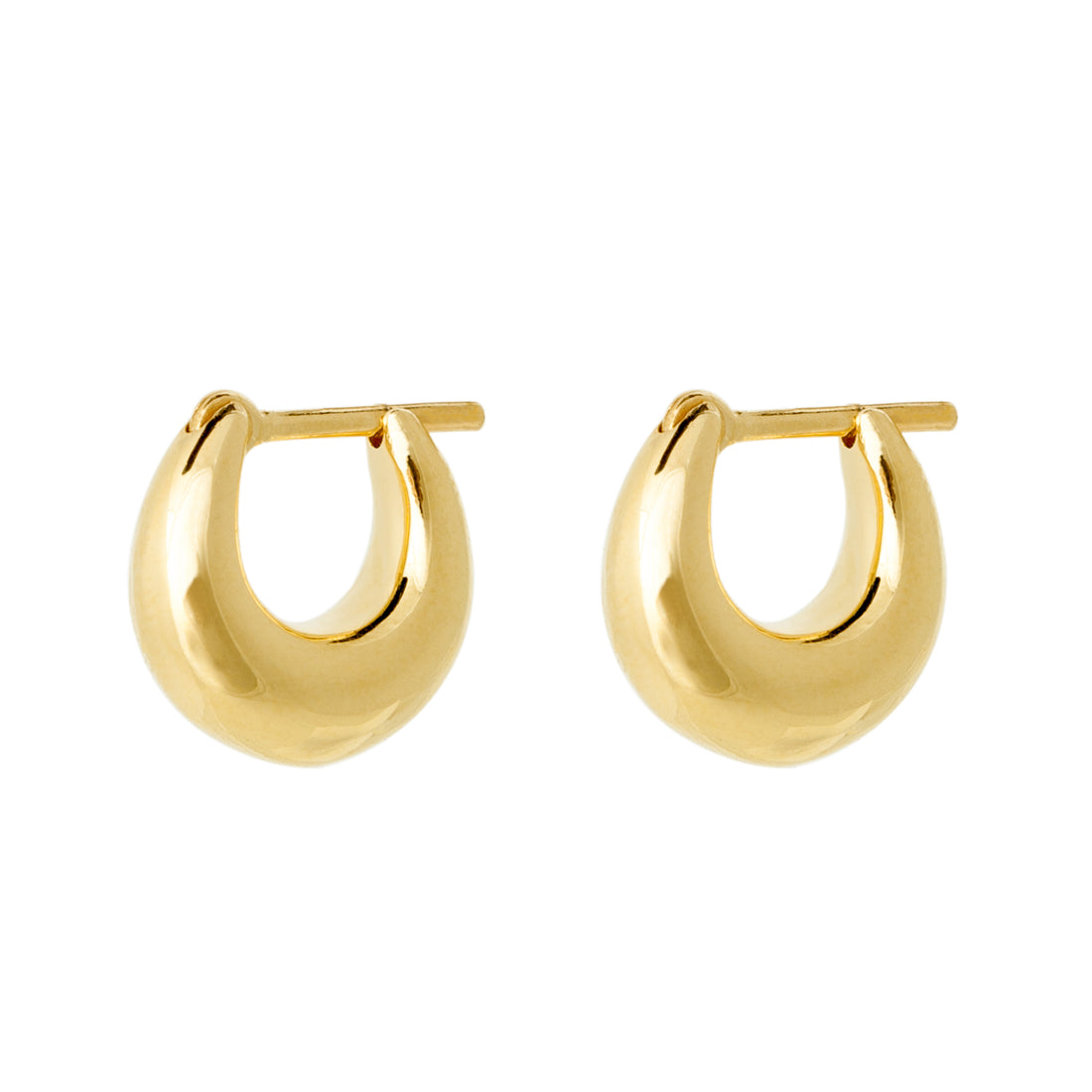 Close-up of a pair of gold-toned, chunky teardrop-shaped Fala Hoop earrings with a polished finish – gold.