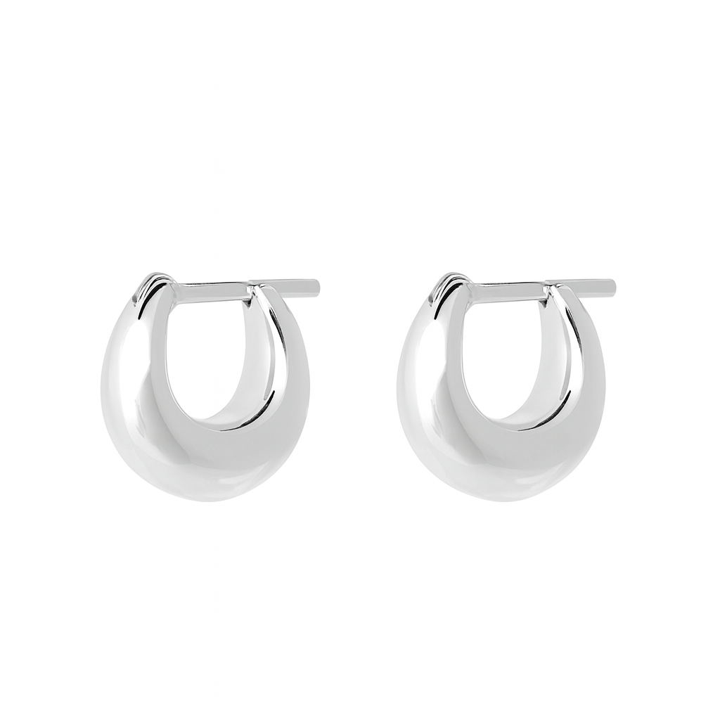 Polished sterling silver Fala hoop earrings showing rounded puffed shape