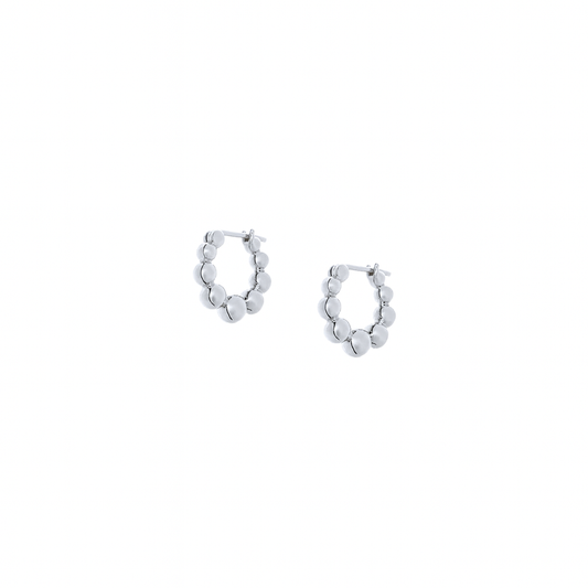 Sterling silver beaded hoop earrings with graduating spheres on white background