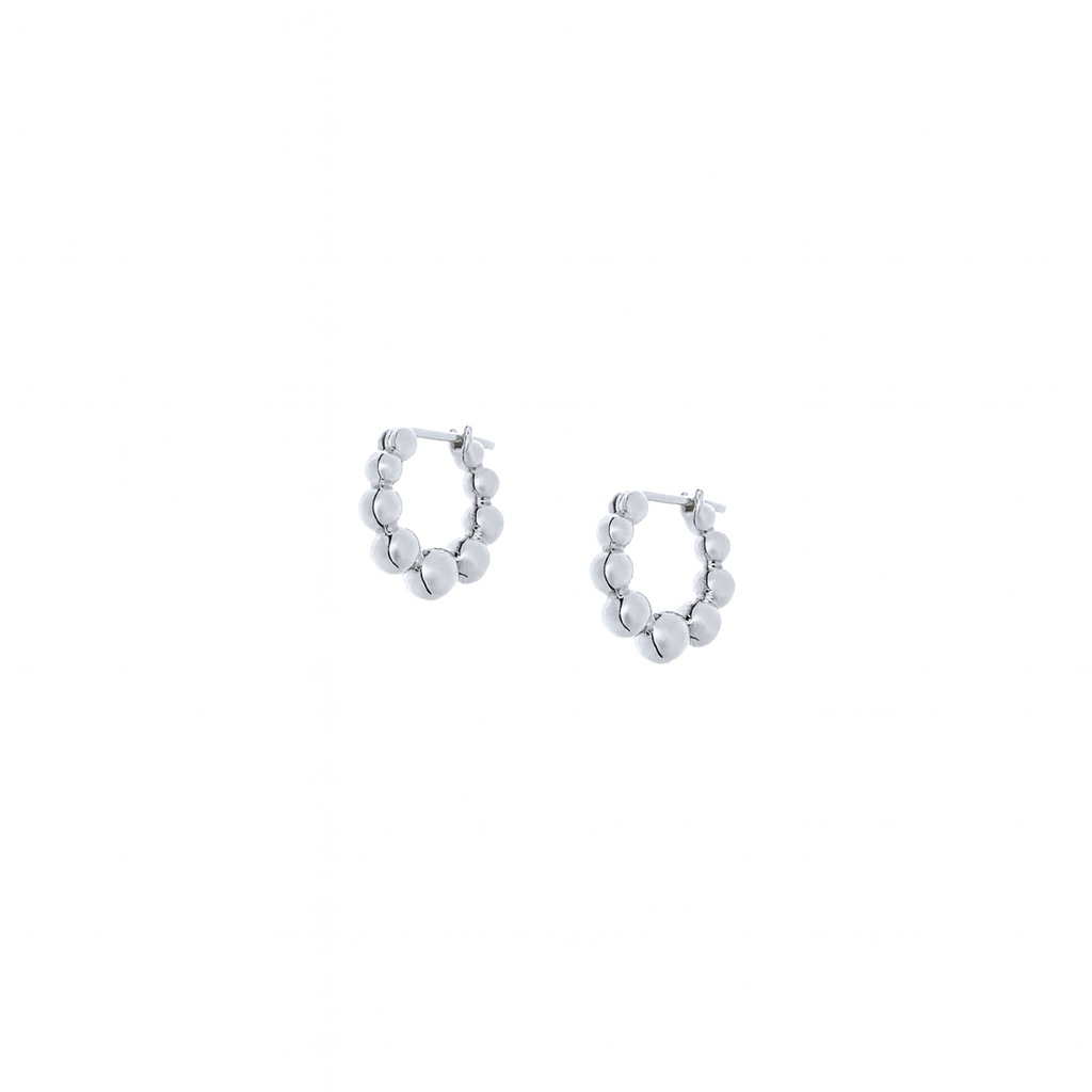 Sterling silver beaded hoop earrings with graduating spheres on white background
