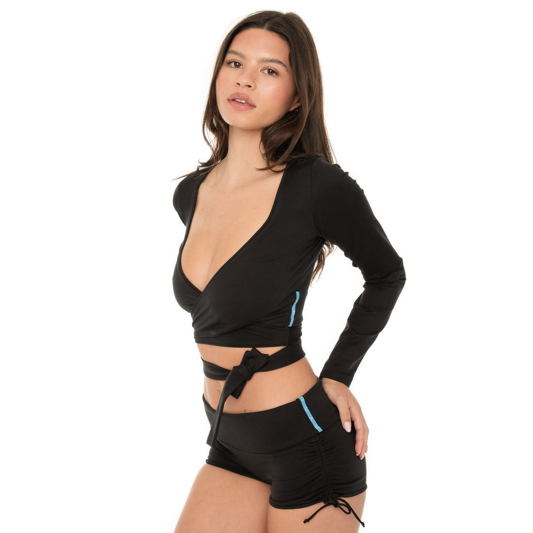 Back view of black long-sleeve wrap top and shorts **black
