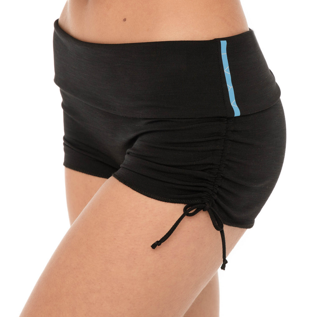 Close-up of black ribbed low-rise active shorts showing ruched side tie and soft sculpting fabric **black