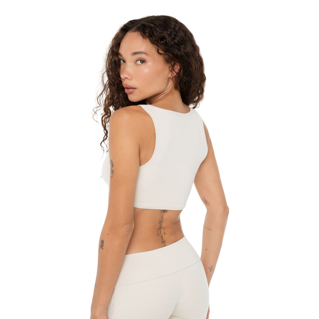 Back view of Are You Am I Alue Top in sand, racerback style crop top **sand