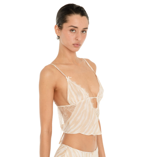 Side view of the Are You Am I Aria Camisole in Ivory Latte, showing the sheer zebra print, lace side panels and thin shoulder straps. **ivory-latte