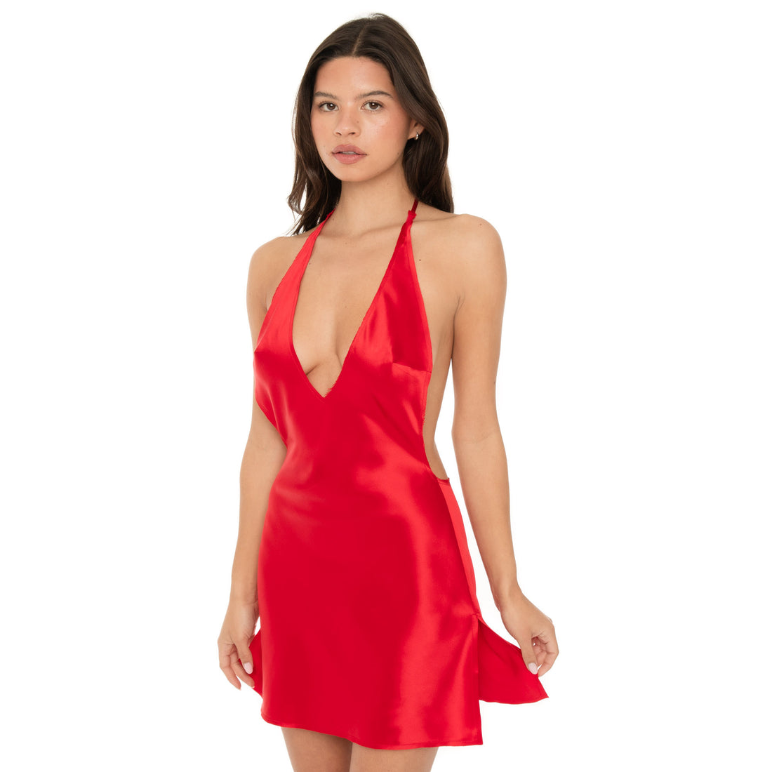 Front angle of model in cherry red Atla Dress highlighting plunging neckline and fluid silk drape**cherry red