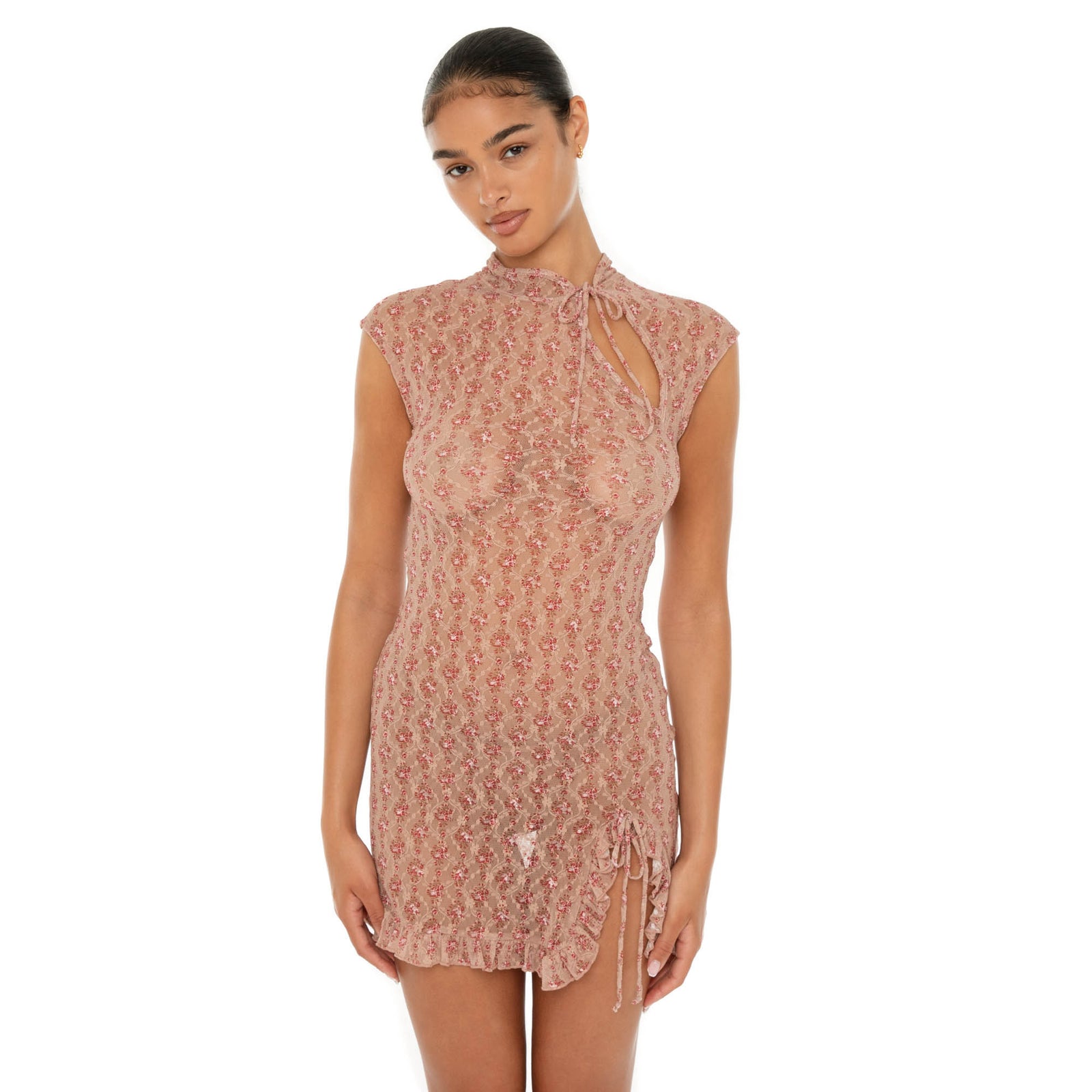 Front-facing shot of red floral Bibi Dress showing tie-neck detail and sheer lace fabric.**cherry blossom