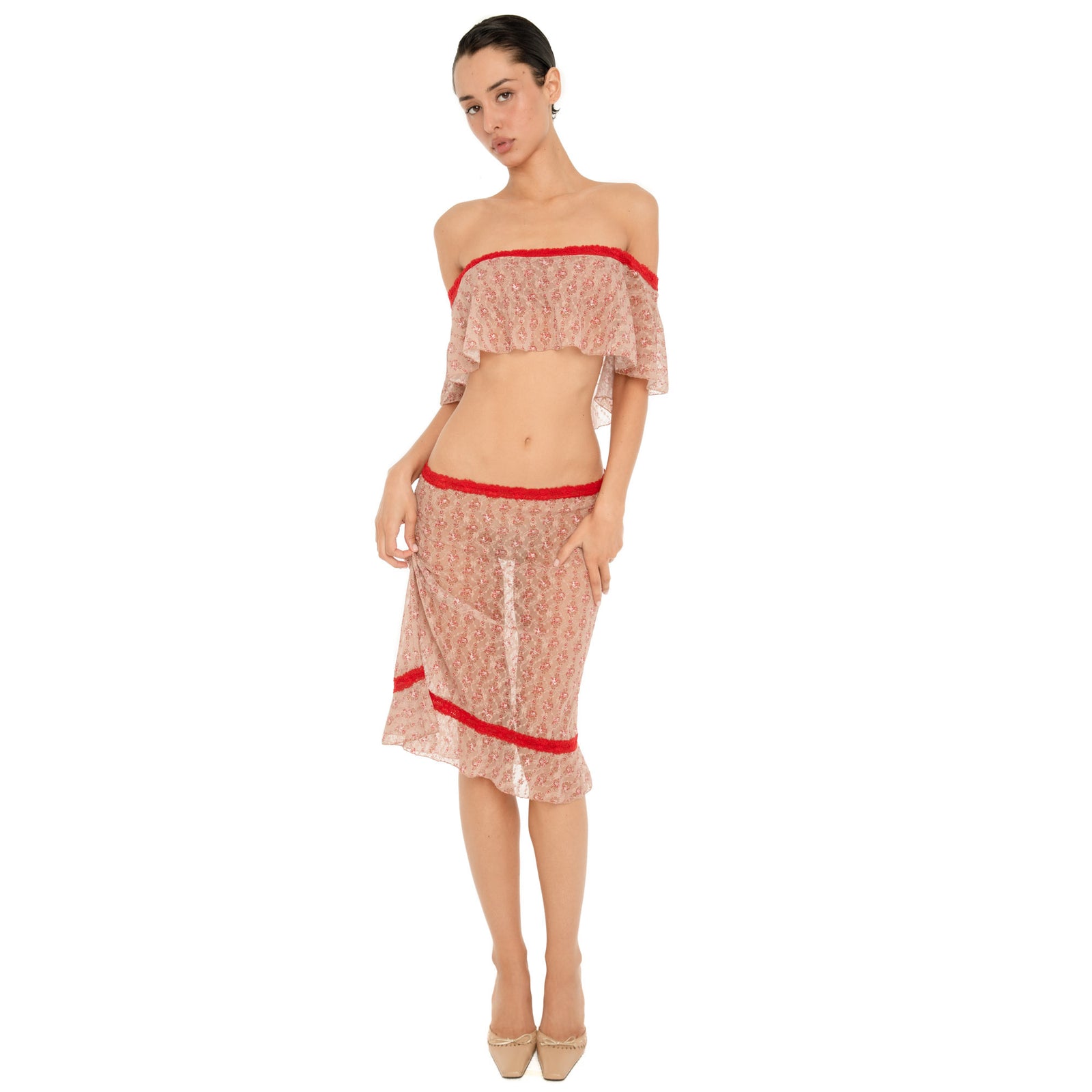 Liulu Floral Top in Cherry Blossom, an off shoulder sheer floral lace crop top with red lace trim, styled with the matching skirt **cherry blossom