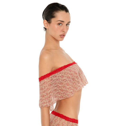 Side view of the Liulu Floral Top in Cherry Blossom, featuring a sheer floral lace ruffle and red lace neckline **cherry blossom