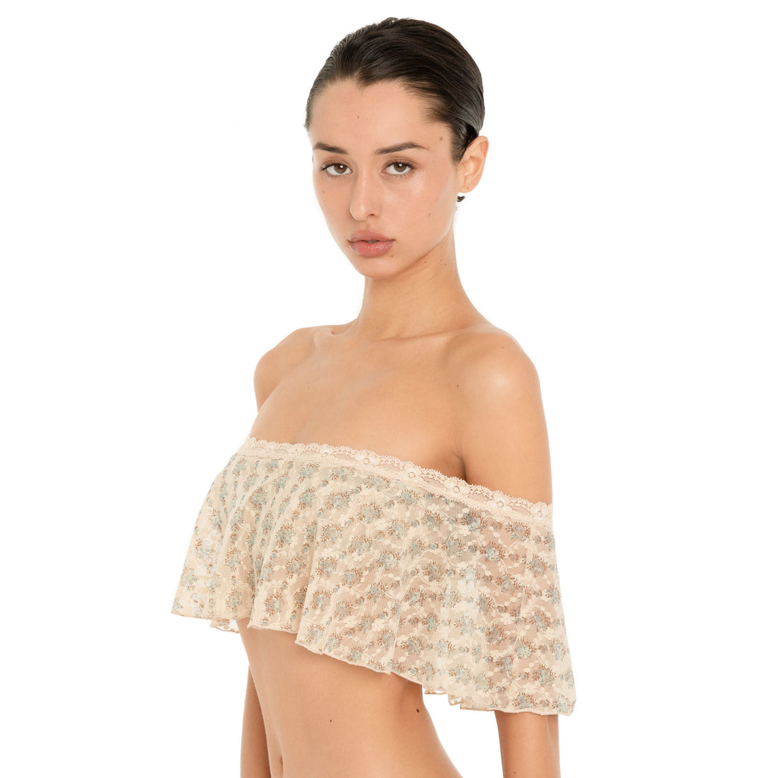 Close up of the Liulu Floral Top in Sky Blossom, showing the ivory lace neckline and sheer floral ruffle **sky blossom
