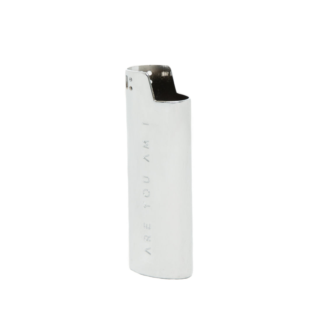 Angled side view of the chrome Are You Am I lighter case showing reflective metal finish and engraved logo.**chrome
