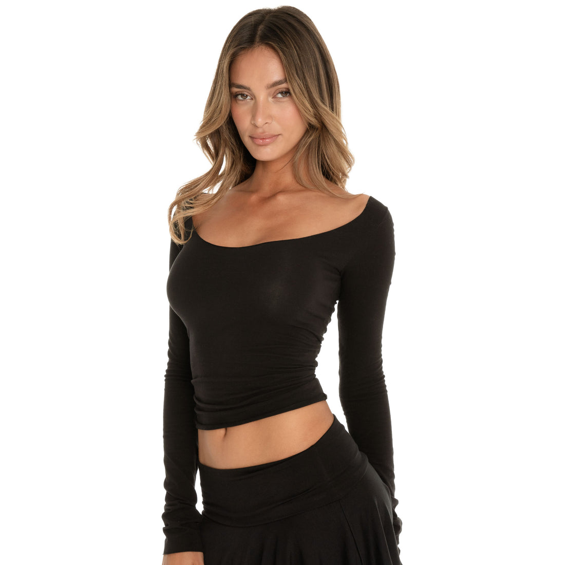 Close-up front view of a fitted off shoulder long sleeve top with a soft scoop neckline, highlighting the smooth, body-hugging fit **black