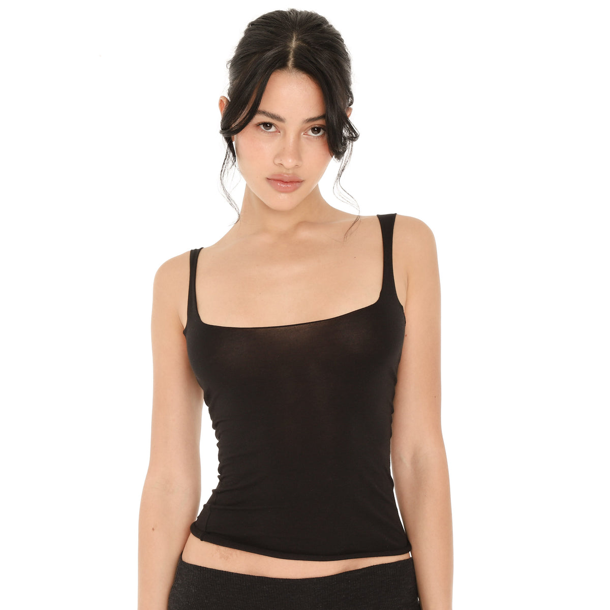 Close front view of the black Elix Tank, showing the square neckline, wide straps and fitted, slightly cropped length **black
