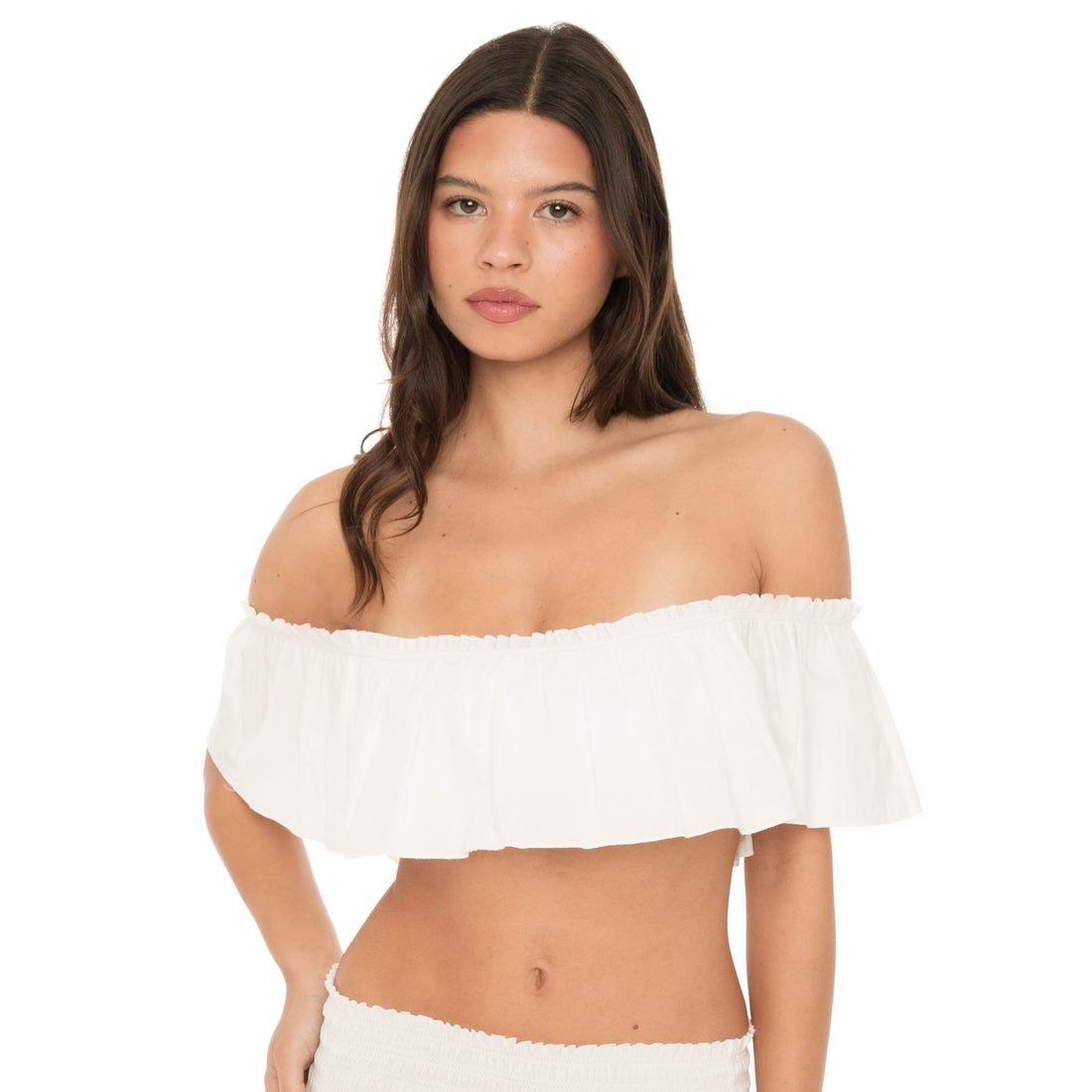 Close front view of the white ruffle bandeau, highlighting the off-the-shoulder neckline and double-layered ruffle detail.