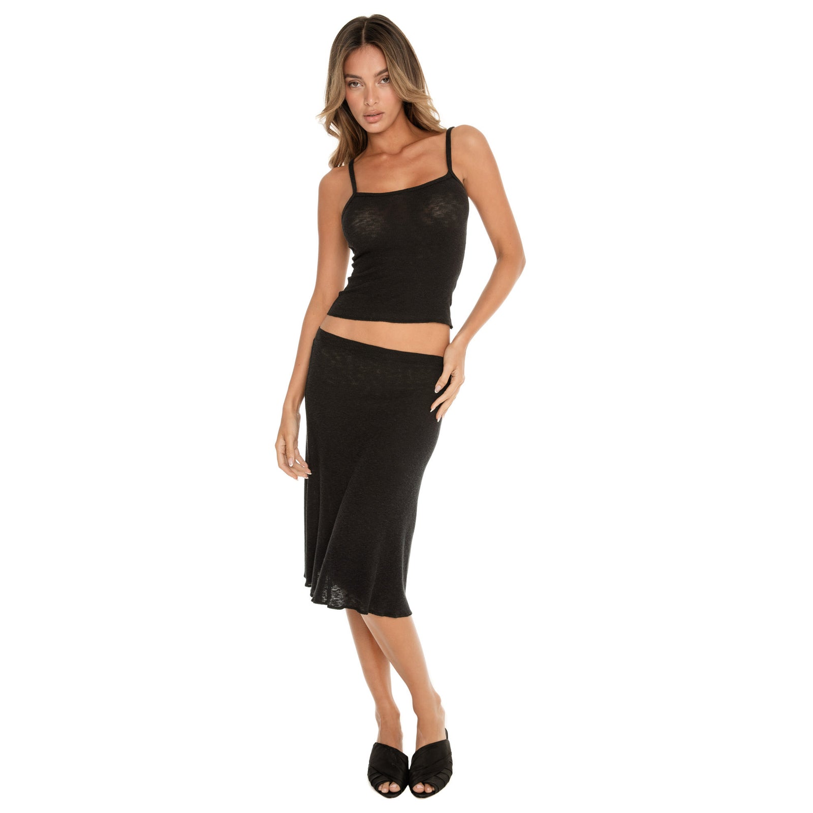 black ribbed midi skirt with fitted tank, front view, soft drape and subtle flare silhouette **black