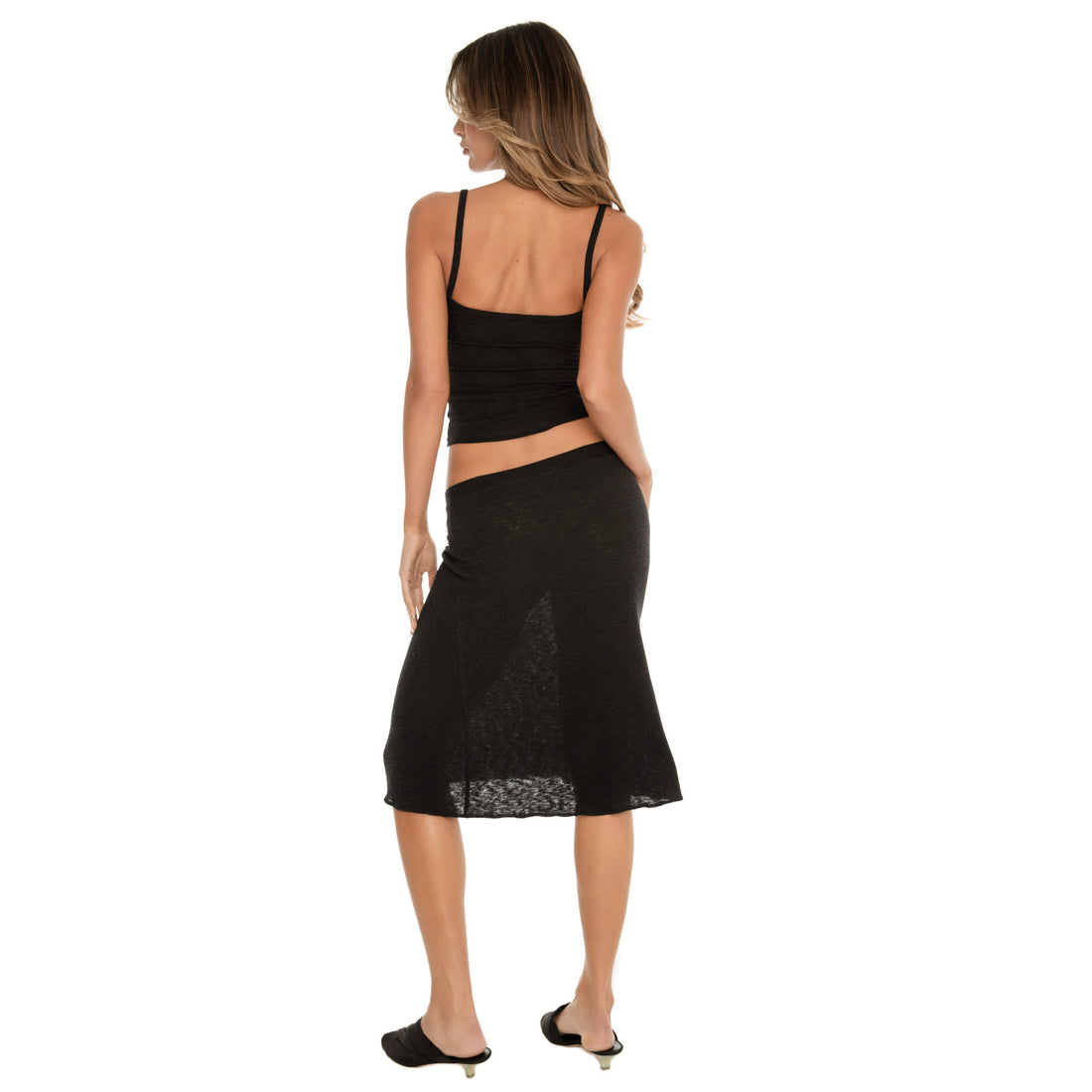 black ribbed midi skirt and tank set, back view showing smooth fit and natural drape **black