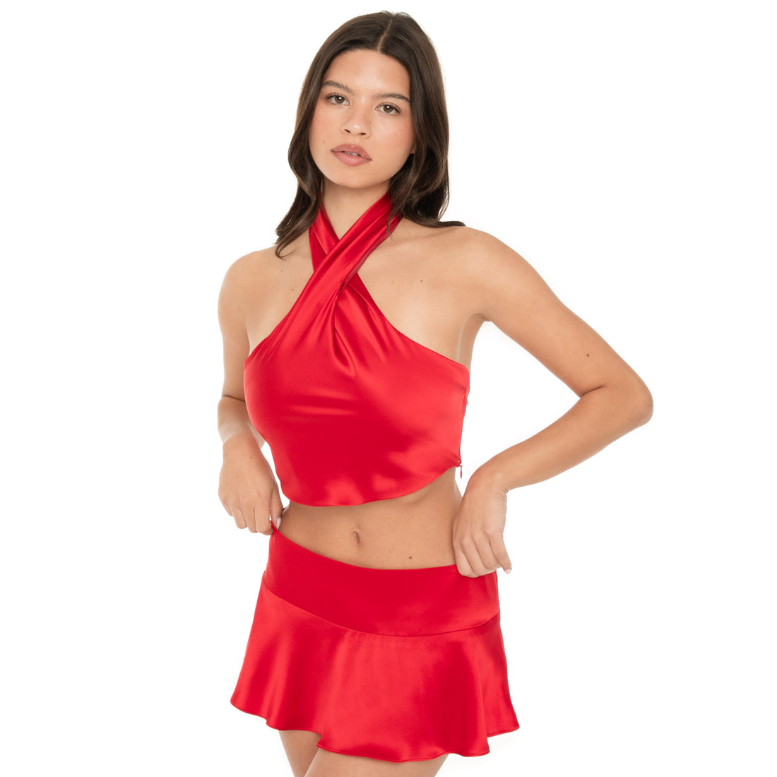 Ilta cherry red silk halter top with cross-neck detail and smooth silk finish. **cherry red