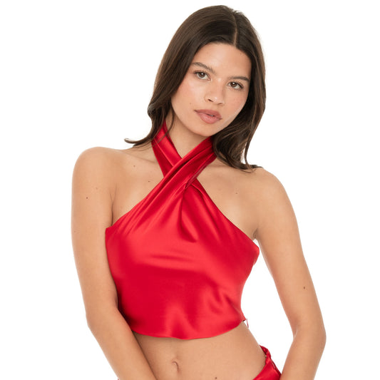 Front view of Ilta cherry red silk halter top with wrapped neckline and lustrous sheen. **cherry red