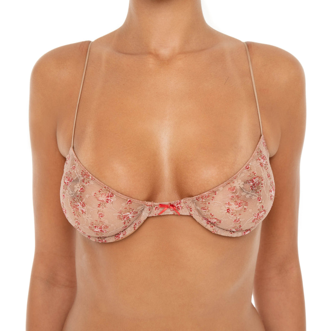 Model wearing the Iselle Bra in vintage floral print — sheer nylon underwire bra with delicate stretch and fine adjustable straps. **cherry blossom