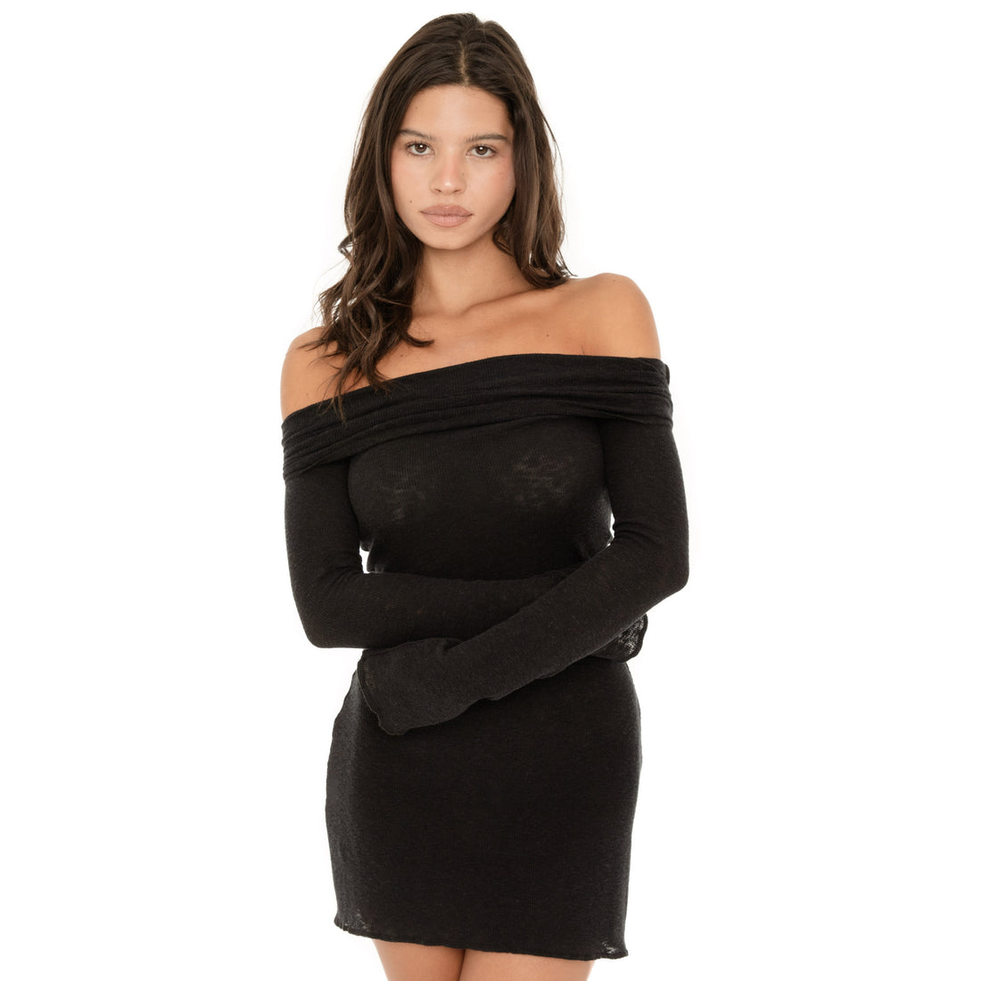 Front view of the Kina Dress in black featuring a wide folded off the shoulder neckline and long fitted sleeves **black