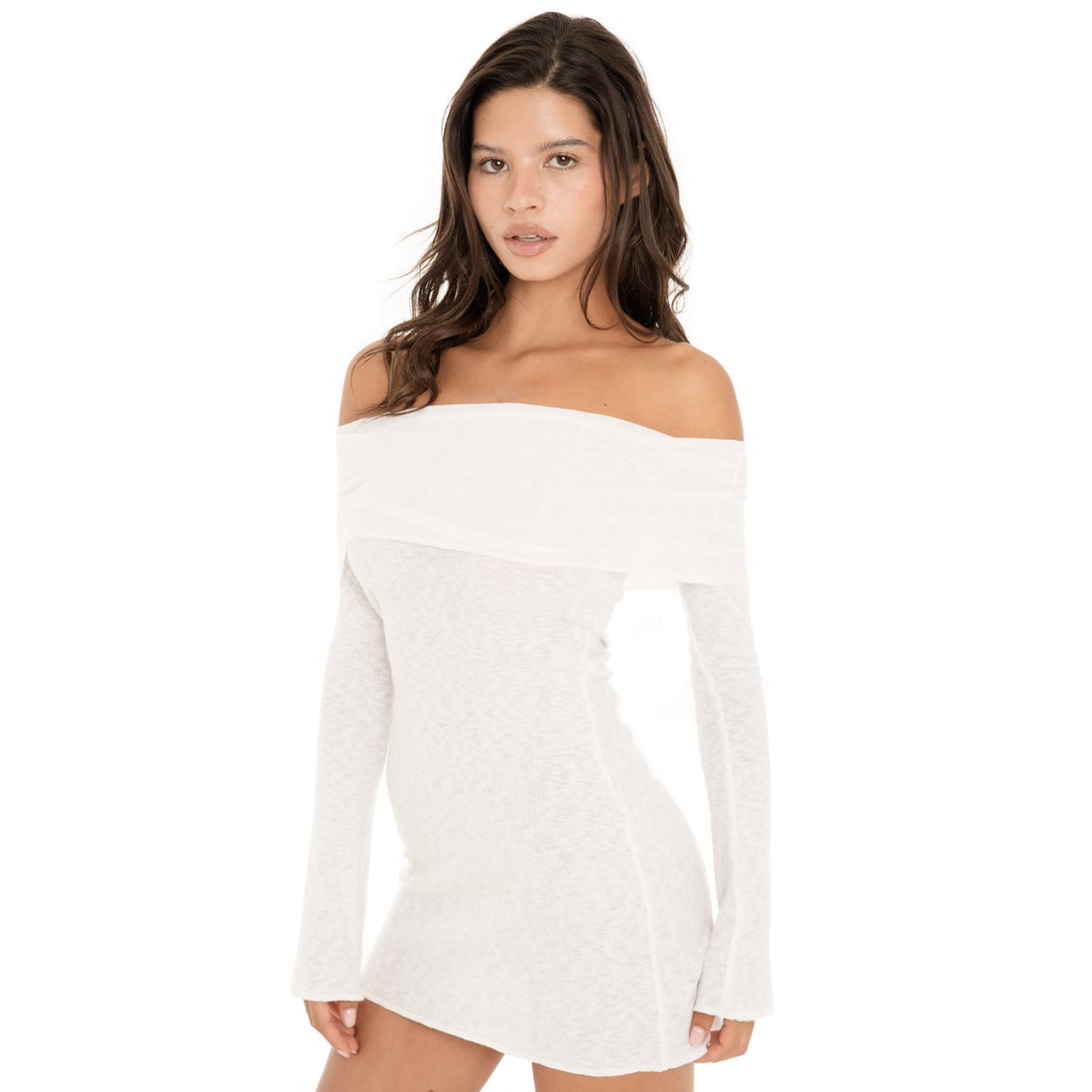 Close up of the white Kina Dress highlighting the sheer lightweight knit, wide folded neckline and long sleeves **white