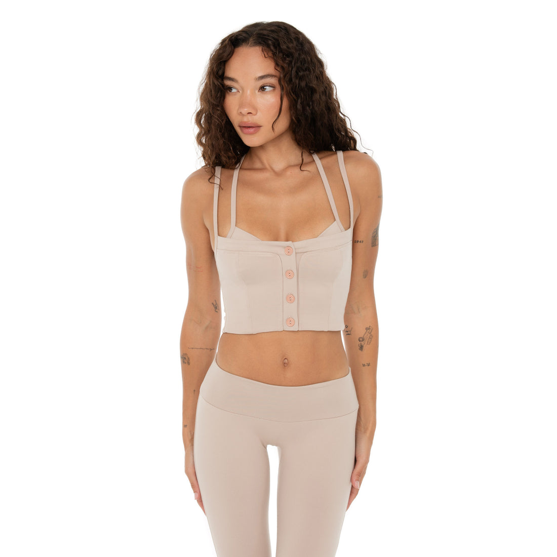 Front view close-up of Kylen Top in nude with functional center buttons. **nude