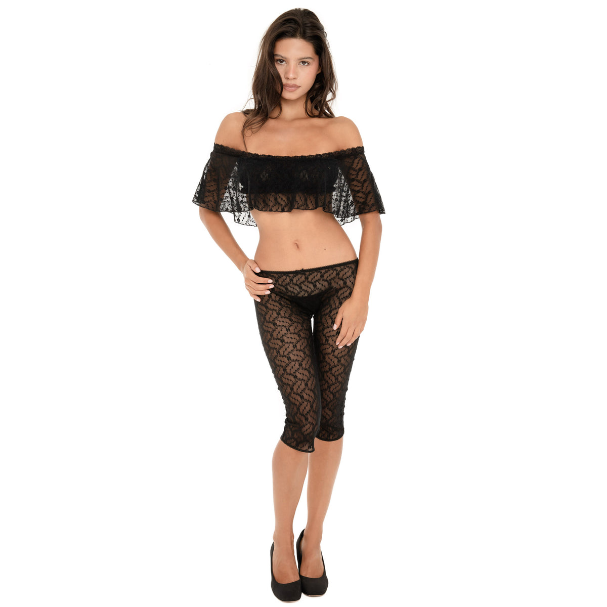 Front view of ARE YOU AM I Lyli Capri in Black, featuring sheer floral lace, a low-rise silhouette, and cropped length **black