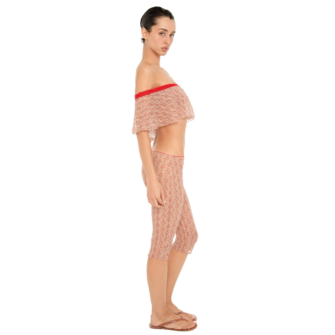 Side view of the Lyli Capri in Cherry Blossom, styled with the matching Bibi Top and brown flip flops. **cherry blossom