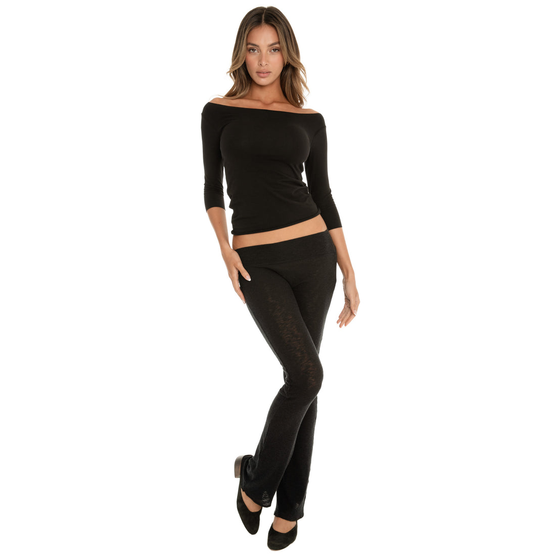 off shoulder long sleeve top in soft supima cotton fitted silhouette **black