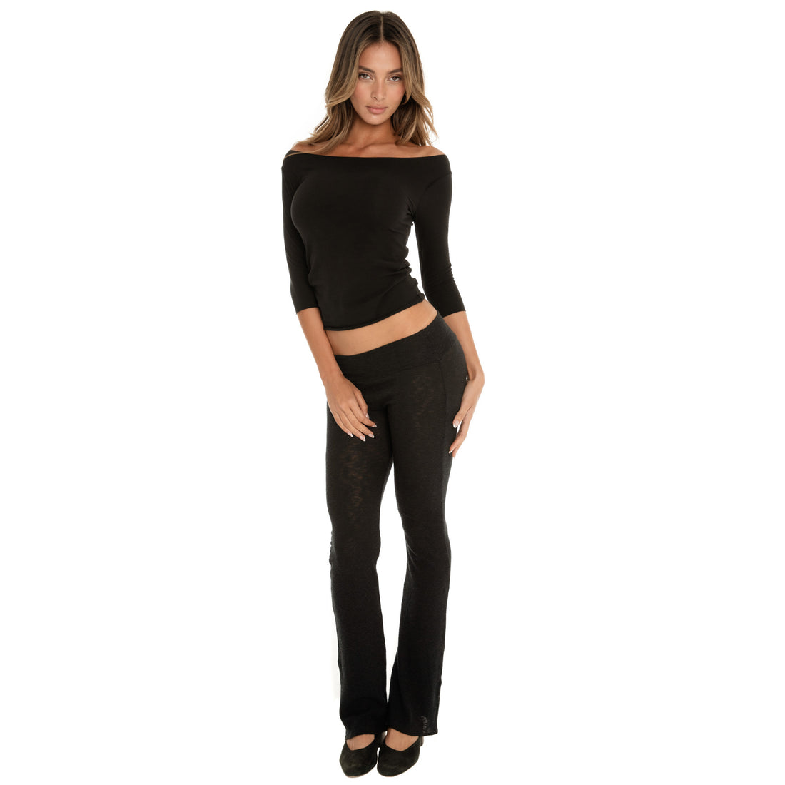 boatneck long sleeve top styled with lounge pants minimal fitted look **black