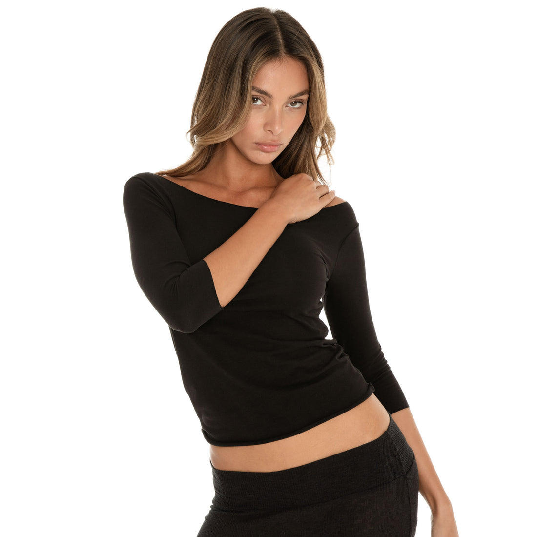 fitted long sleeve top styled casually with matching lounge set **black